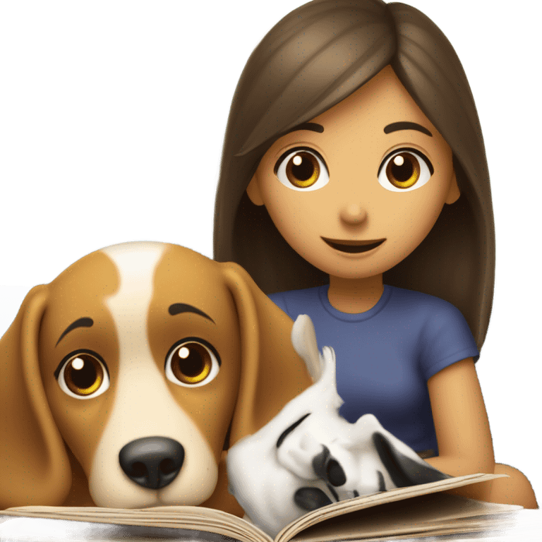 Girl reading but dog blocking her book with his face  emoji