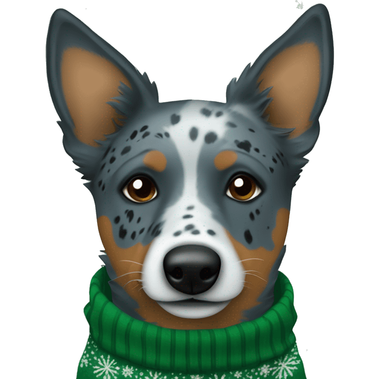 Blue heeler dog with one black spot on left eye in a green Christmas sweater emoji