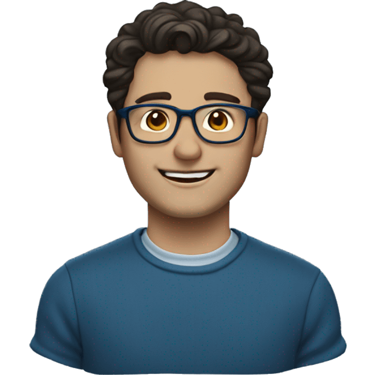 wavy short dark hair, white guy with dark blue sweater, charming, smiling, blue glasses emoji