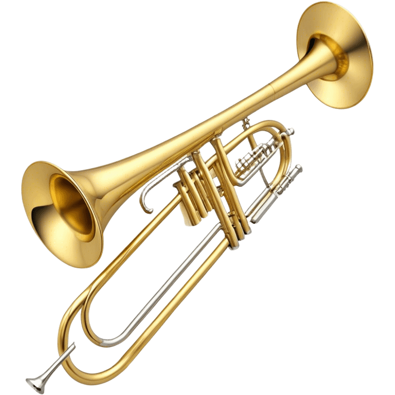 Create an elegant and detailed emoji representing the Bach Bb/F tenor trombone. The design should feature the smooth, shiny brass body of the trombone, showcasing its large, flared bell and curved tubing. Highlight the tuning slide with its polished metal finish, and the mouthpiece should be clearly visible. The trombone’s surface should have a gleaming brass tone with subtle silver accents around the mouthpiece and slide. Add a few musical notes or soundwaves emanating from the bell to emphasize the powerful sound of the trombone. Use golden and brass tones with reflective light effects to enhance the trombone’s professional and high-quality appearance. The background should be transparent. emoji