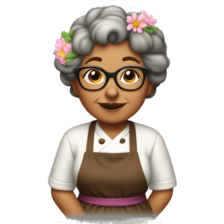 Little brown grandma with glasses in cooking apron with flowers emoji