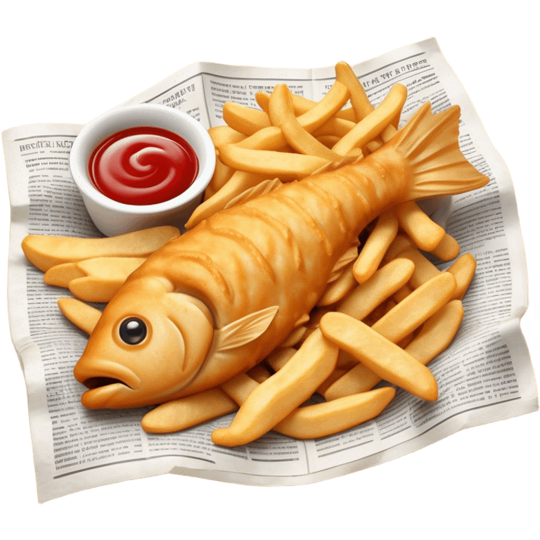 Cinematic Realistic Fish and Chips Dish Emoji, depicted with crispy golden battered fish and chunky hand‚Äêcut chips served in traditional newspaper wrapping, rendered with mouth‚Äêwatering texture and warm natural lighting that captures its quintessential British charm. emoji