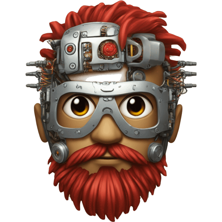 cyborg head with Silver mohawk, red steampunk goggles, long red beard and circuits emoji