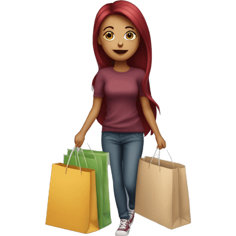 Long Burgundy haired girl, shopaholic, carrying a lot of shopping bags emoji