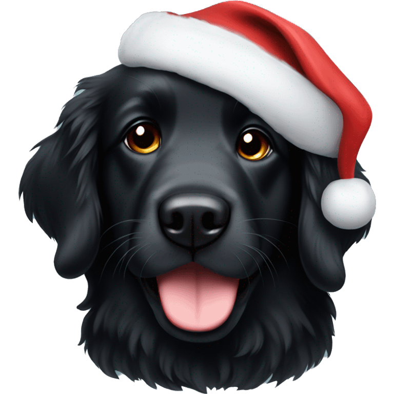 Fluffy all-black retriever with Santa hat emoji