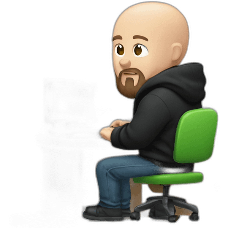 bald white man and a black beard typing on apple computer wearing a black hoodie emoji