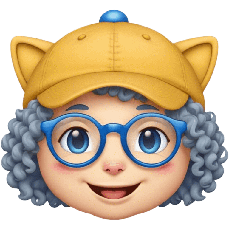 yellow female smiley face emoji, big smile, winking, wearing a backwards blue ball cap, grey curly hair, cat eye glasses, no eye colo emoji