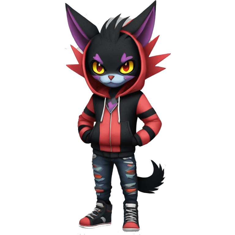 Cool Anthro Black Noibat-Quilava-Litten-Pokémon with edgy stripes hoodie spiked collar punk Full Body emoji