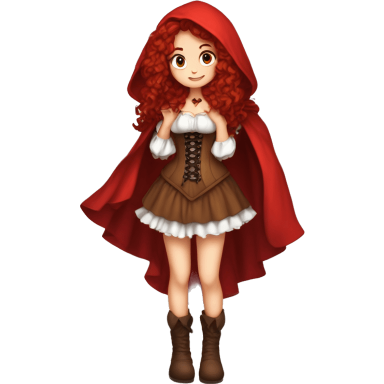 Little Red Riding Hood long curly red hair, brown corset and dress full body pose non-chibi emoji