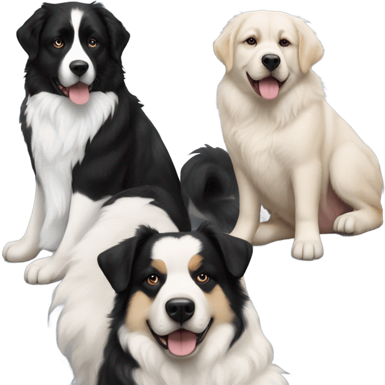 Landseer Great Pyrenees, black and white Husky, Black tri Australian Shepherd and tan and black French Bulldog sitting next to each other emoji