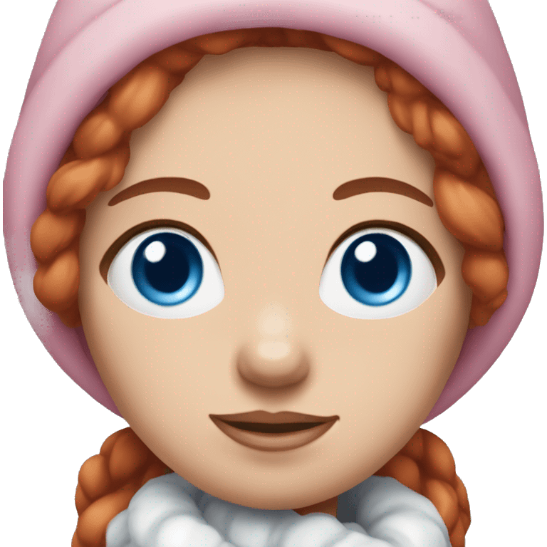 Woman with red hair, blue eyes wearing pink winter clothes holding a small white Shichon emoji