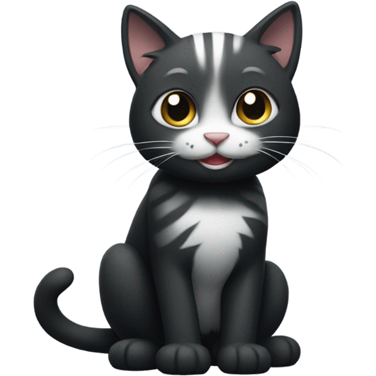 Black Cat with white paws and grey stripes that is smiling emoji