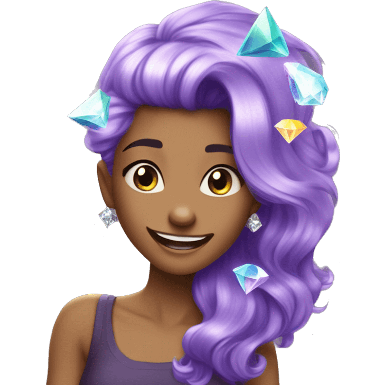 one girl with purple diamond hair, she is feeling happy and elated and excited, make her hair shiny with prisms and angles and edges, now make her hair crystallized, make her hair only crystals no real hair please, only crystallized hair emoji