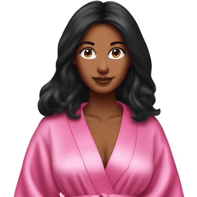 Tanned woman with long black hair wearing a silk pink Victoria’s Secret robe emoji