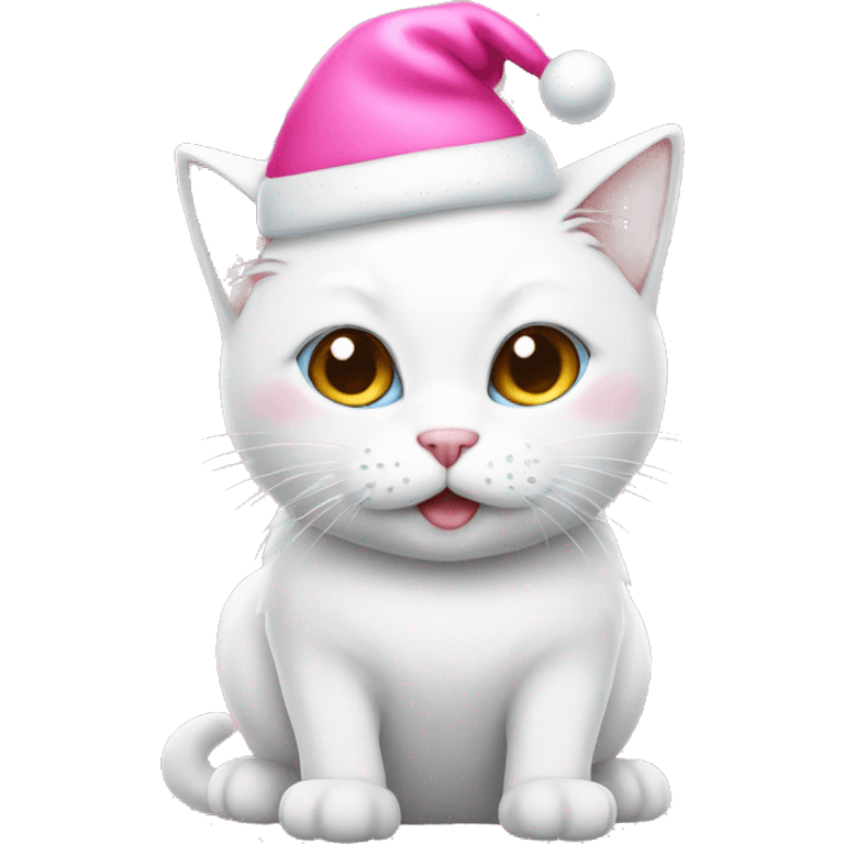 white cat with a pink christmas hat emoji