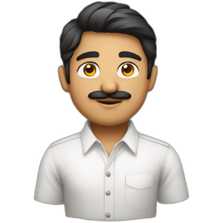 Young indian white faced smart developer in plain white shirt with sleeve up and mustach emoji