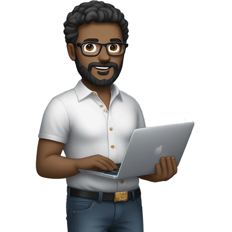 Emoji man with beard holding macbook in hands wearing versace glasses and shirt, profession - graphic designer. Features: white skin, full body type, dark hair, earring in left ear, dark white skin emoji