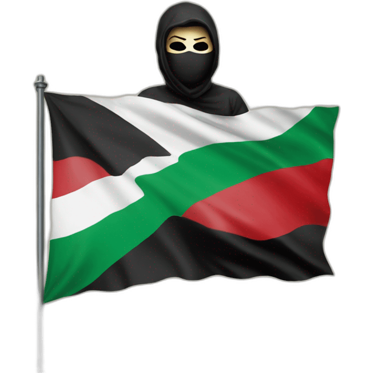 A masked man raises the Palestinian flag, with the words Free Palestine written on the flag  emoji