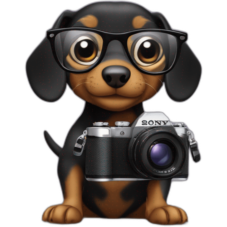 a black dachshund chipmunk with glasses holds a SONY camera in its paws medium plan emoji