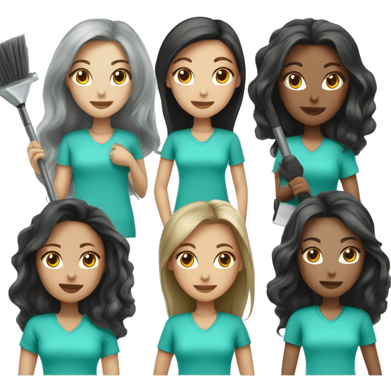 Team of woman cleaners with light skin and long dark straight hair in turquoise color t-shirt. They working with vacuum cleaners emoji