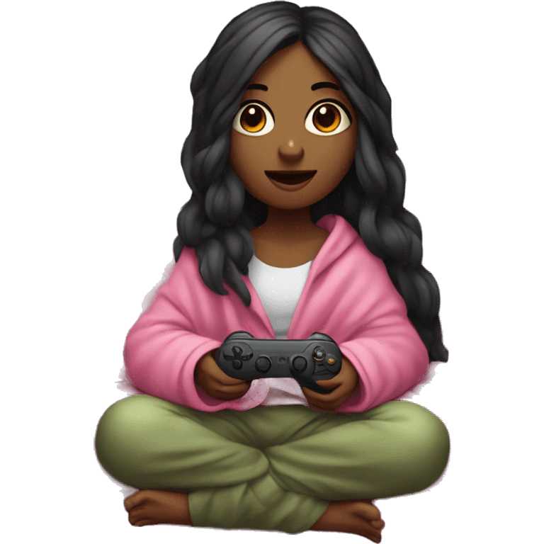 Olive skinned girl with long dark hair wrapped up in a blanket sitting on a couch with a pink gaming controller in her hands emoji