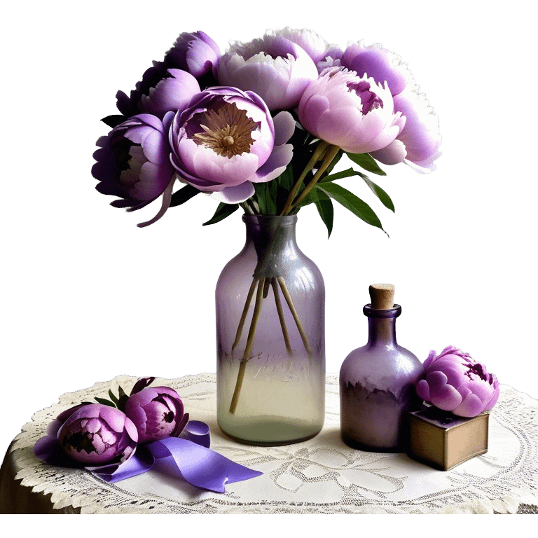 A vintage glass bottle with a slightly uneven surface holds a collection of pastel purple peonies, their petals unfolding in soft layers. A hand-dyed violet ribbon wraps around the neck of the bottle, its edges slightly frayed. Light passes through the dusty glass, casting shadows of overlapping petals onto a lace-covered table. A few loose petals rest nearby, their color fading toward the edges emoji