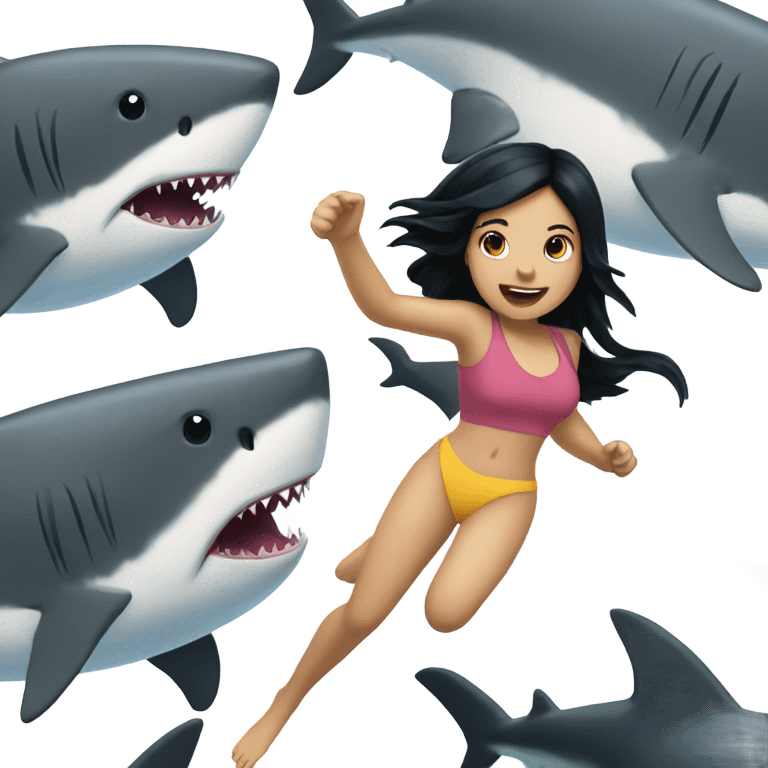 Girl with black hair swimming from a shark  emoji