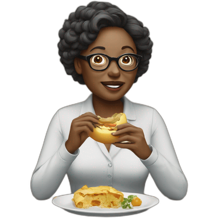 Woman with glasses eating an eggopant emoji