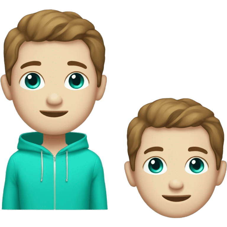 Smiley male with very short brown hair and a pale complexion with a few freckles. Blue eyes, wearing a turquoise green hoody emoji