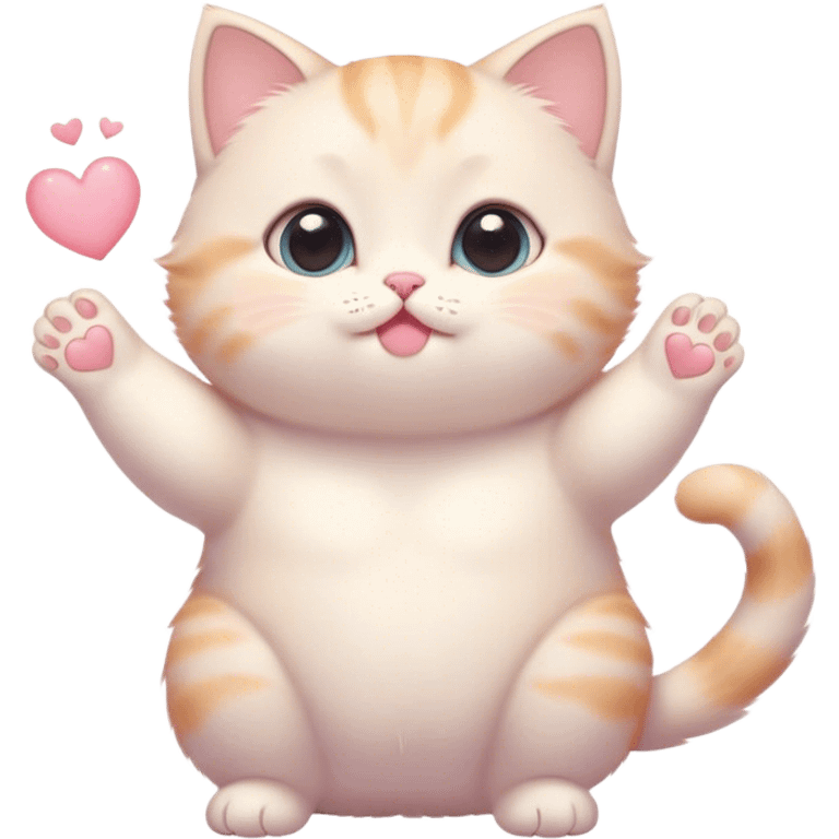 Cinematic chubby pastel kitten, big round eyes full of wonder, tiny paws reaching up, soft fluffy fur glowing in warm light, delicate heart-shaped nose, irresistibly cute and snuggly. emoji