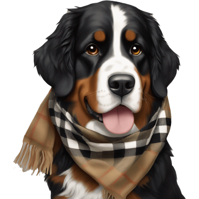 A Bernese mountain dog wearing a Burberry scarf emoji