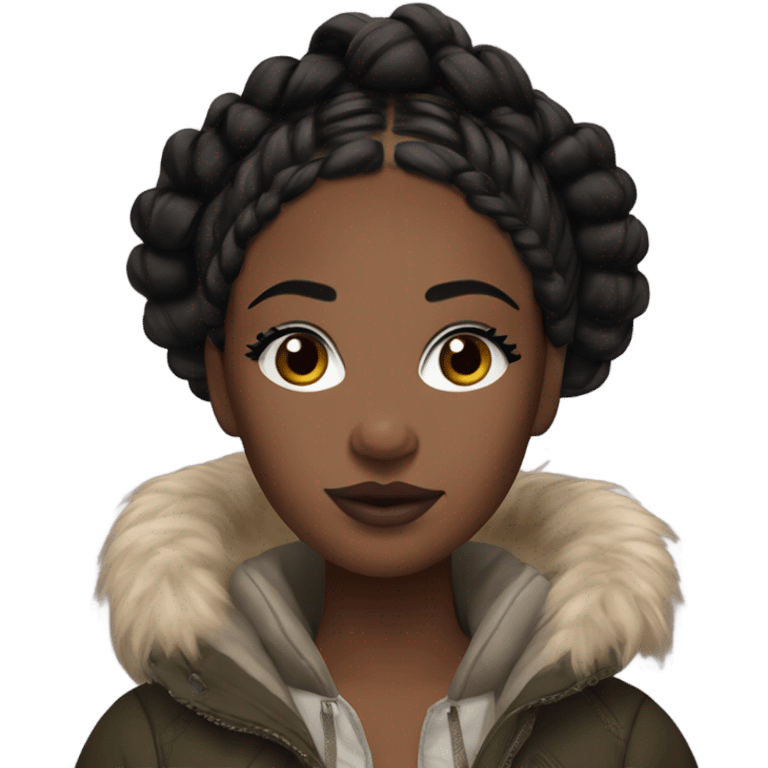 Black girl with boho braids, heavy makeup, FOV and realistic settings, lashes, makeup, with a crop top and a Canada goose jacket emoji