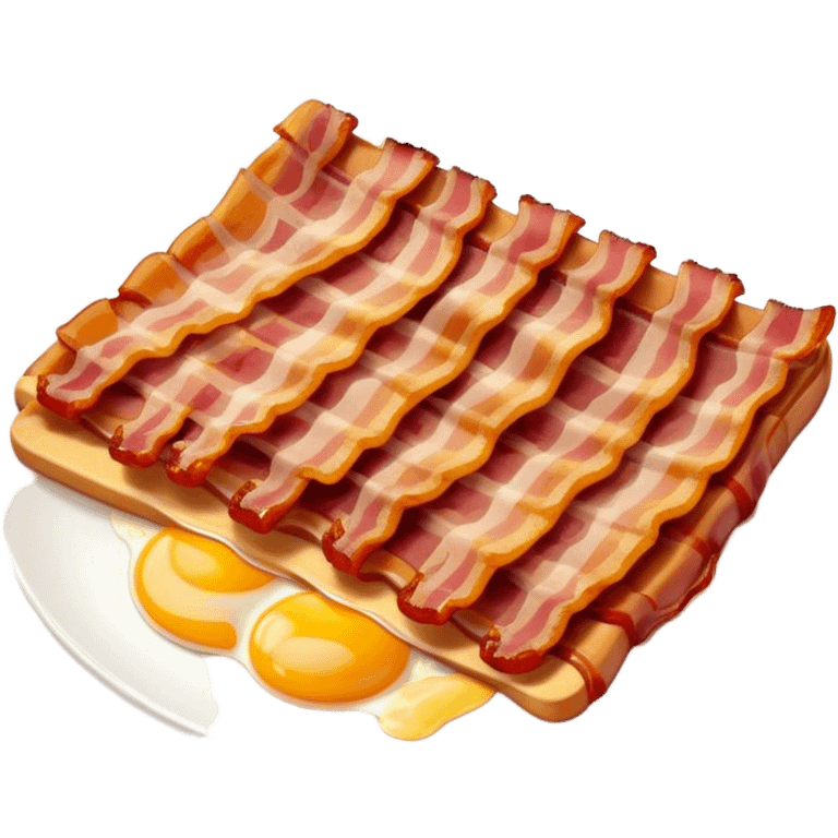 Cinematic crispy sizzling bacon, slightly curled, golden-brown with a perfect crunch, glistening with rich flavor, deep warm tones, served on a breakfast plate, comforting and indulgent. emoji