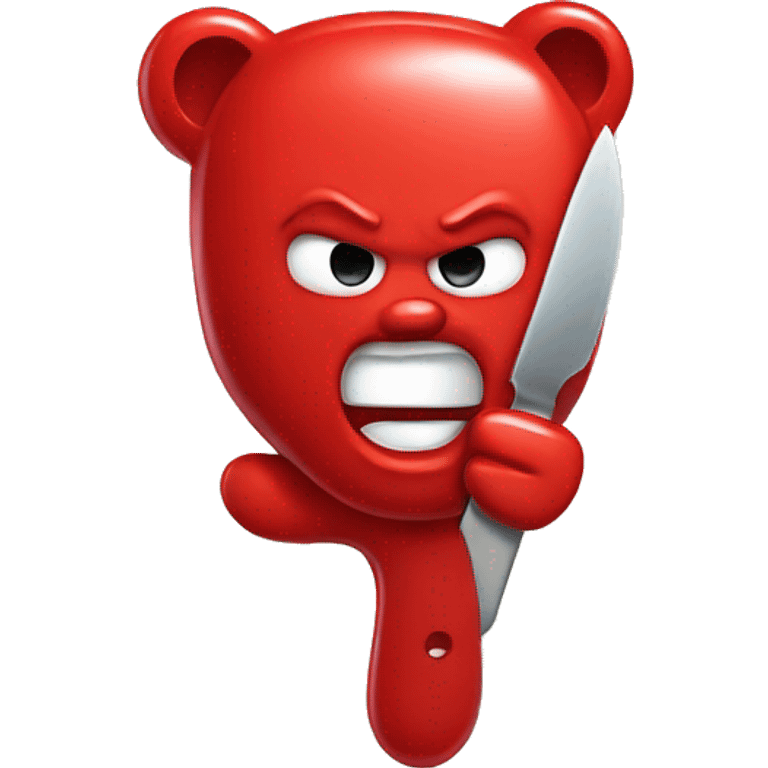 A angry red gummy bear holding a plastic knife emoji