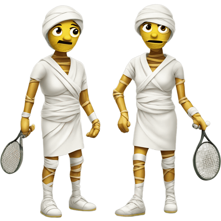 Mummy with broken arm playing tennis. Full body wrapped in bandages emoji