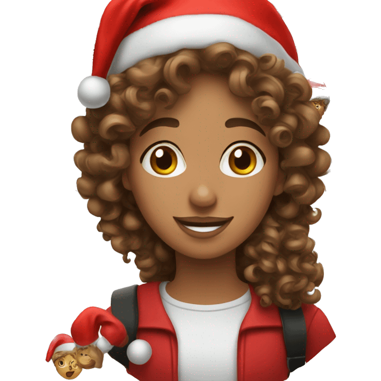 Brown curly hair girl with Santa claus’ hat emoji