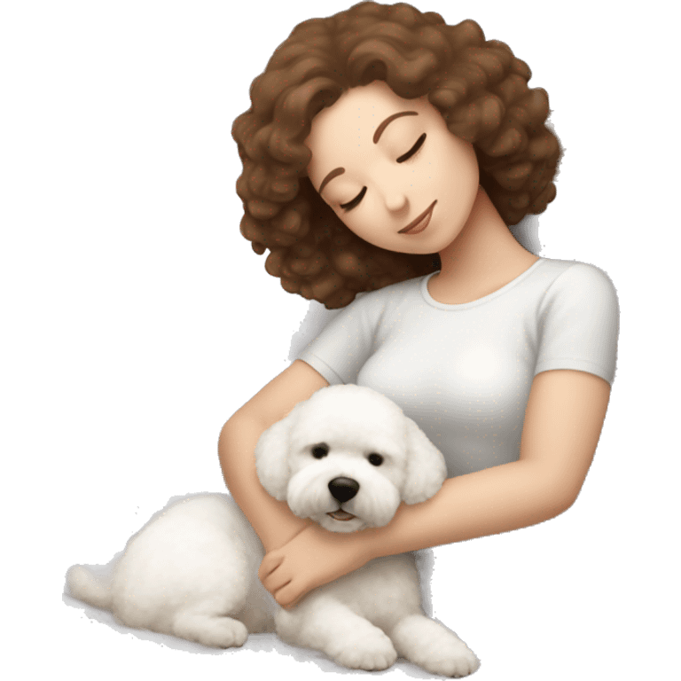 White girl brown hair sleeping with Mini Bichon emoji