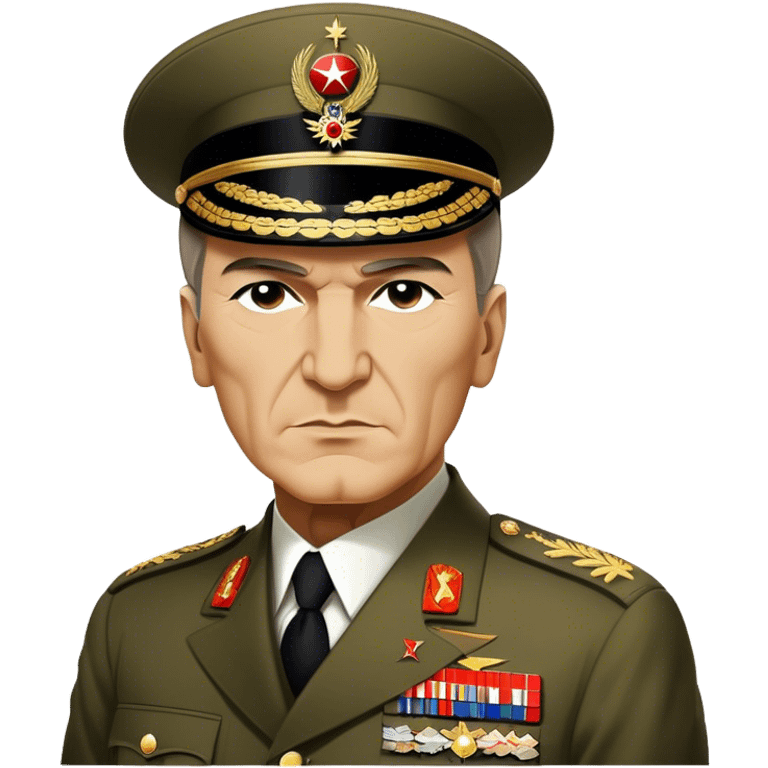 Cinematic Realistic Mustafa Kemal Atatürk Portrait Emoji, depicted as a visionary statesman with a determined gaze and period military attire, rendered with rich textures and dynamic historical lighting that captures his transformative leadership. emoji