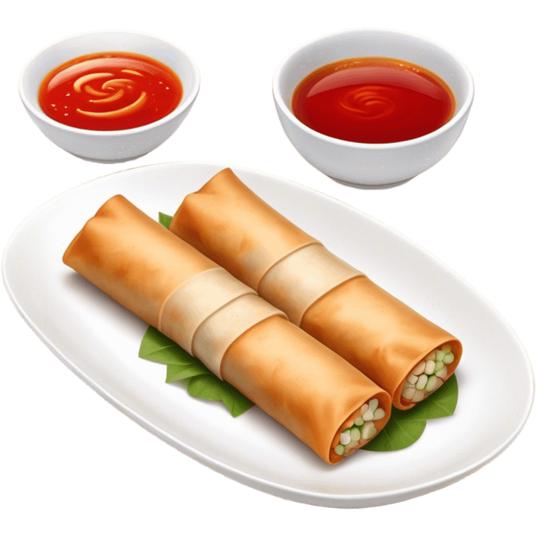 Spring Rolls Cinematic Realistic Spring Rolls Dish Emoji, depicted as 2 perfectly crisp spring rolls served with dipping sauce, rendered with lifelike textures and dynamic, appetizing lighting. emoji