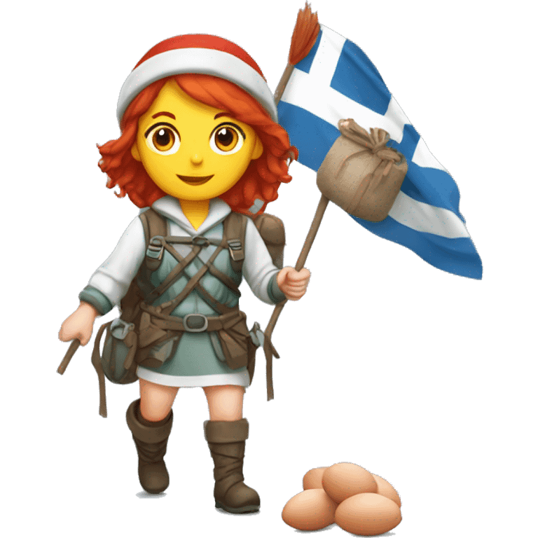 red hair female winter mountaineer offering red Easter eggs and Greek flag emoji