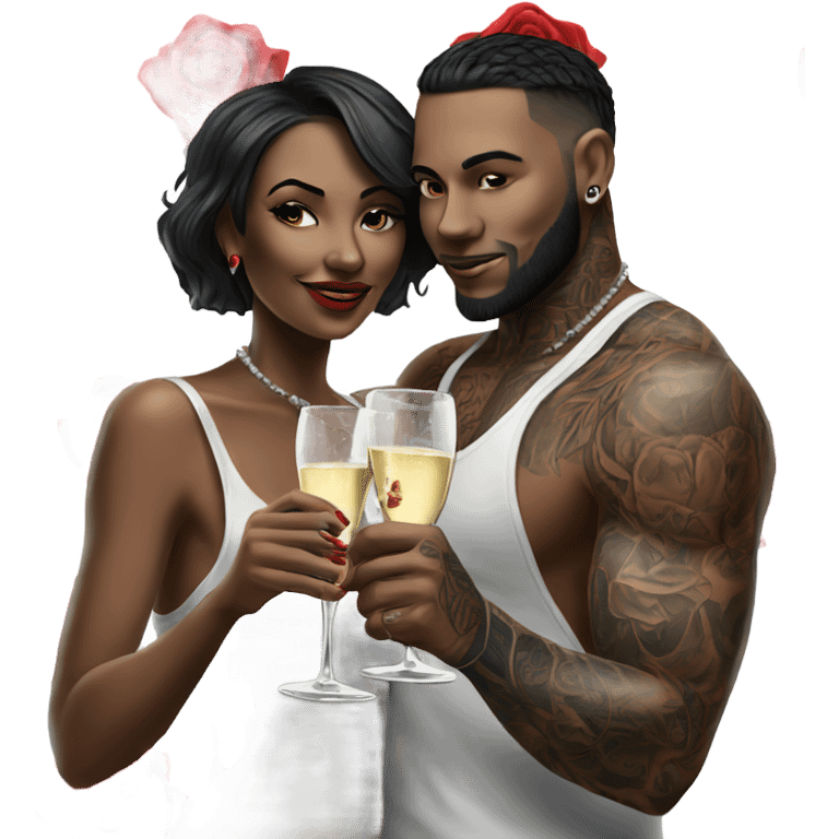 Hyper Realistic tattooed couple drinking champagne with red roses  emoji