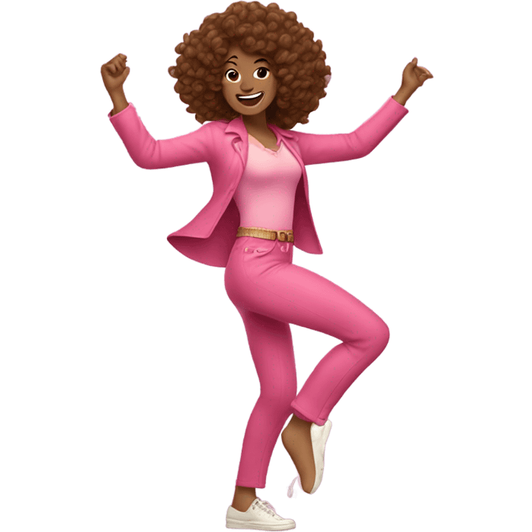 Woman with brown curly hair 70s dancing in pink  emoji