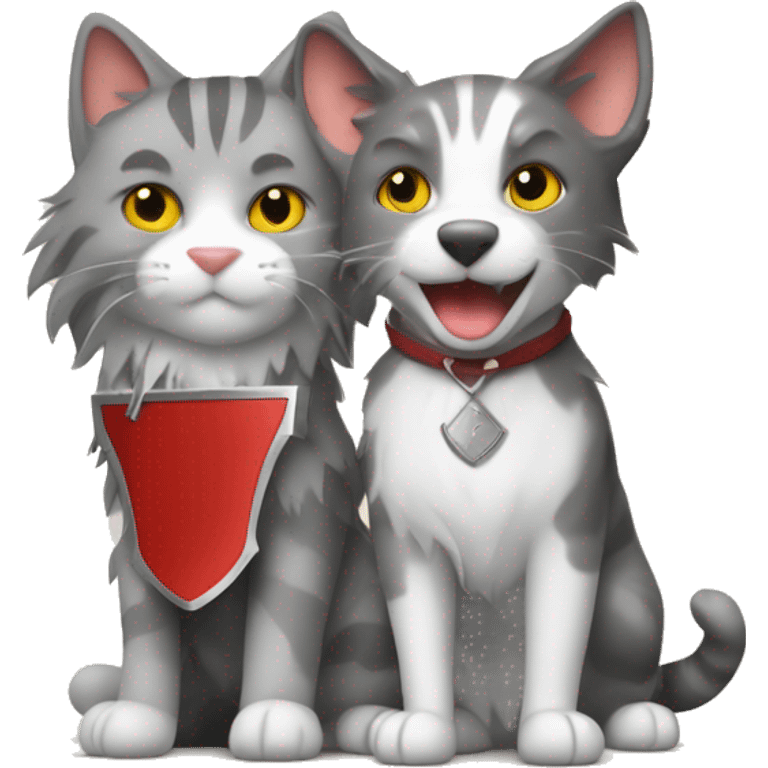 Gray tabby cat and a red tri border collie sword fighting emoji