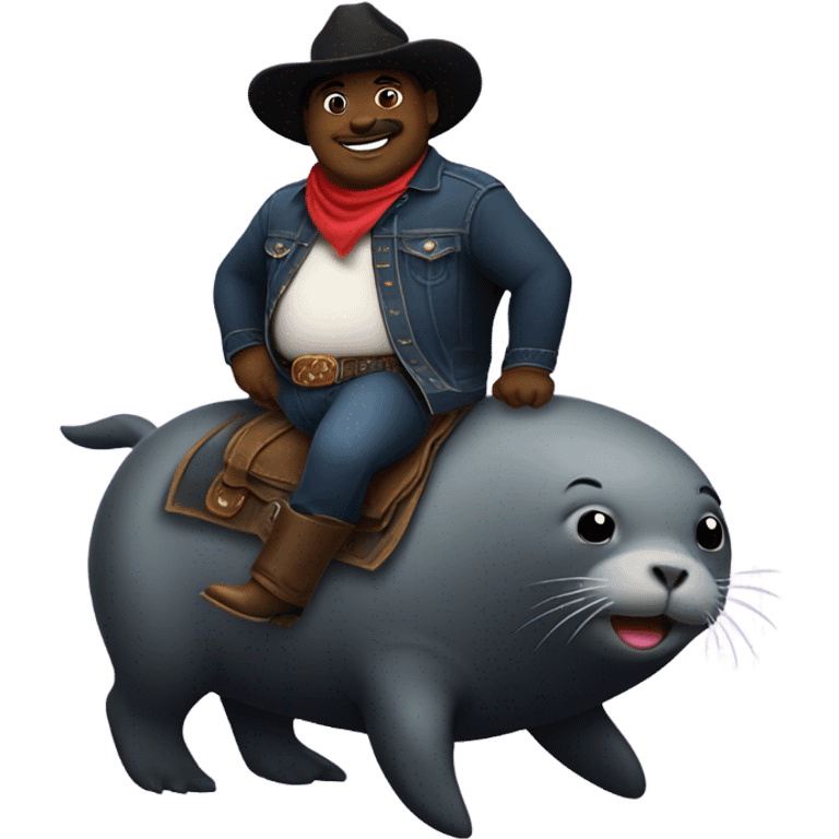 Black fat cowboy riding a cute seal with a cowboy hat emoji