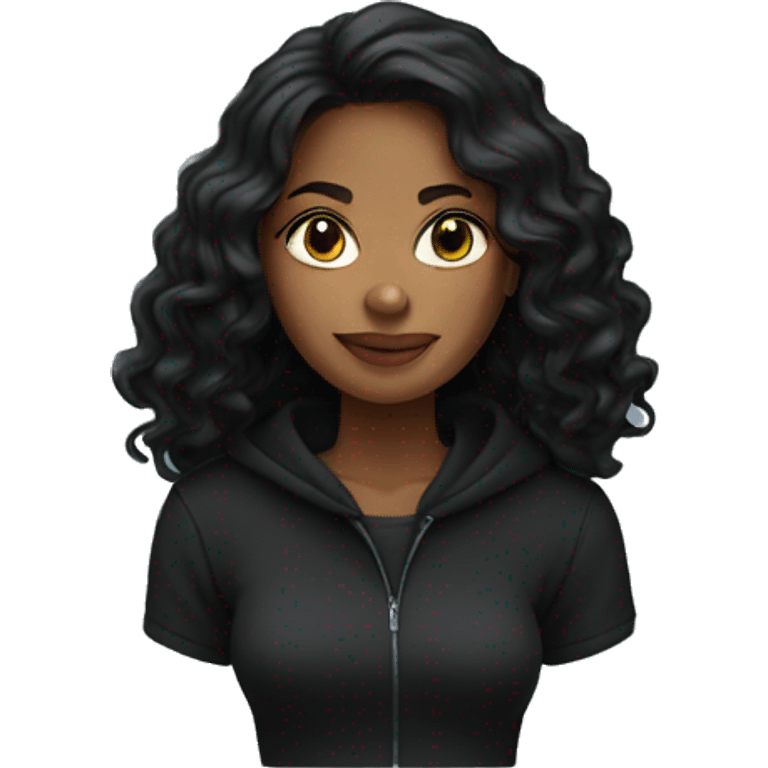 Woman with tall black wavy hair wearing black hoodie  emoji