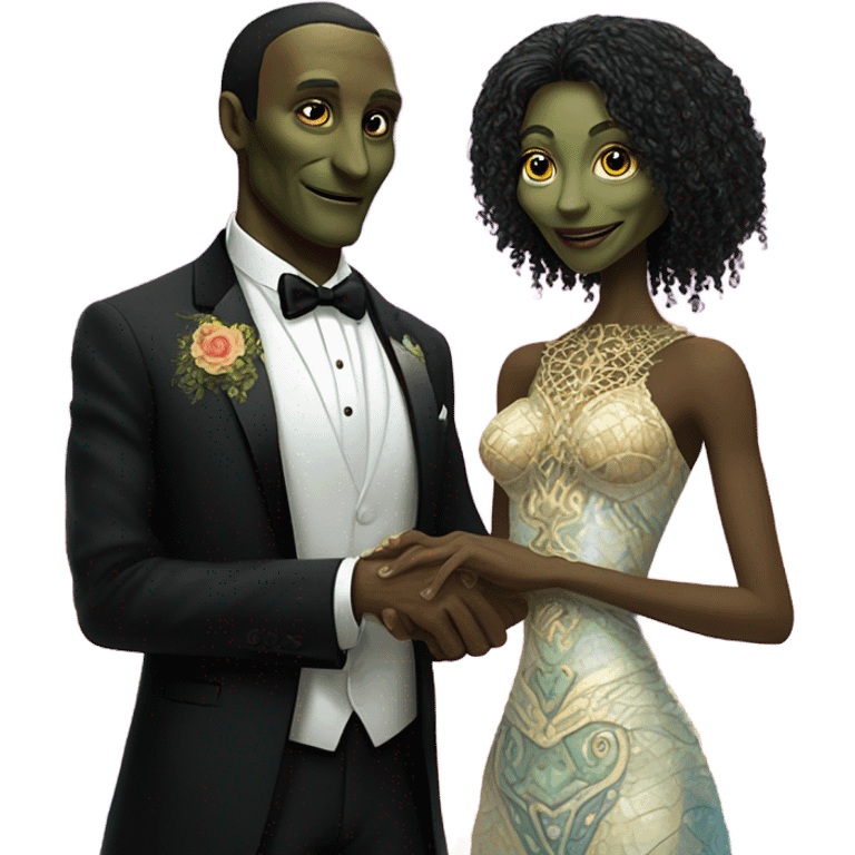 Alien reprilian woman in wedding dress and one humman man in a tuxedo holding hands getting married emoji