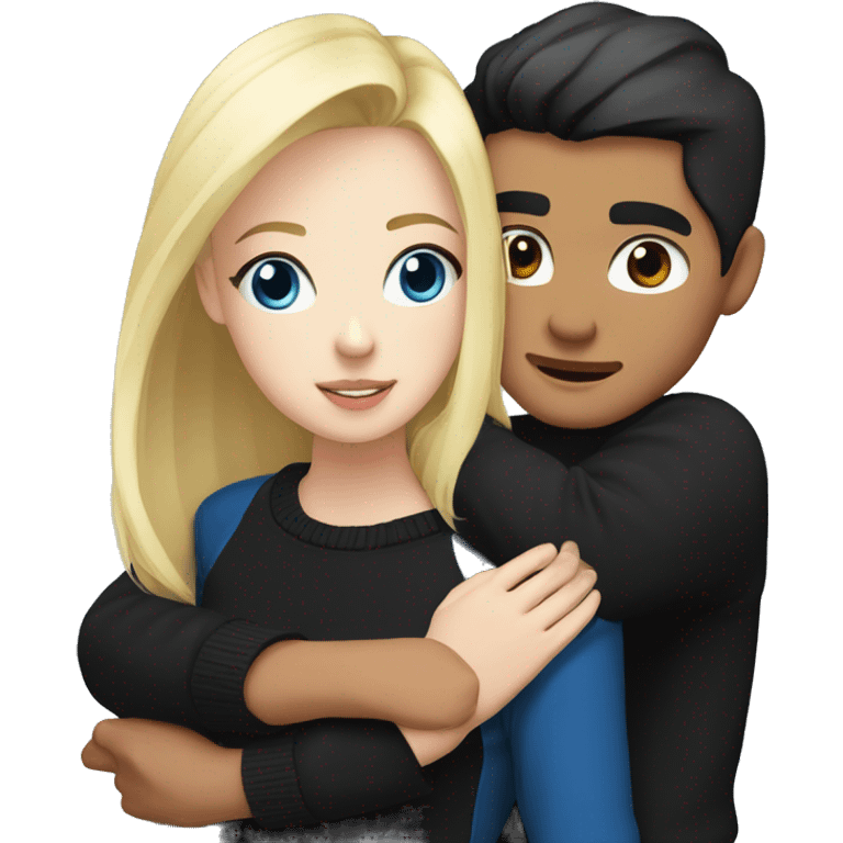 Blonde girl with blue eyes in black sweater and an east asian man with black hair and black eyes hugging emoji