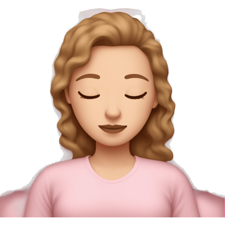 White girl with brown air sleeping in a pastel pink bed emoji