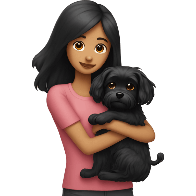 black haired girl hugs black maltese dog emoji