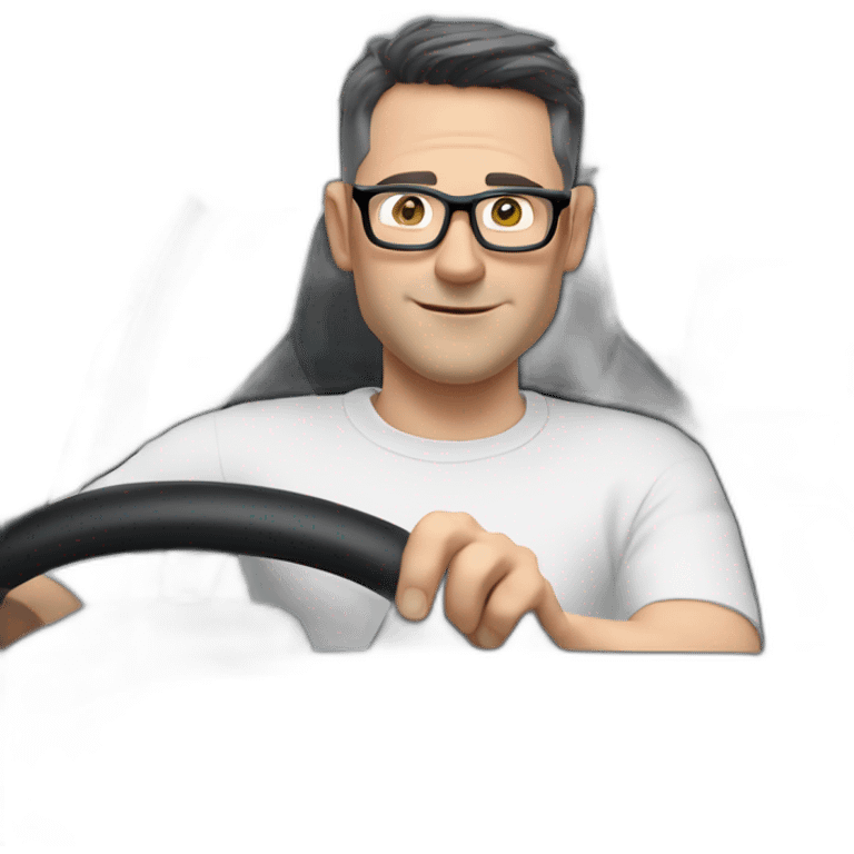 middle-age-lean-white-man-with-black-short-hair-&-glasses-wearing-blackt-shirt-inside-black-tesla-model-3, at the wheel, front view emoji